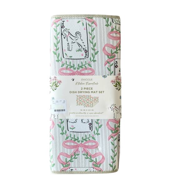 ENVOGUE Kitchen Dish Drying Mat & Towel Set of 4 Dogs & Pink Bows NEW - Picture 12 of 16